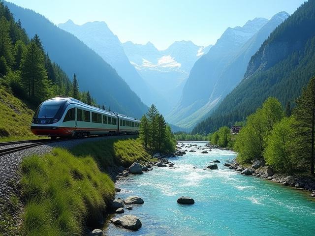 Scenic train route through the Julian Alps in Slovenia