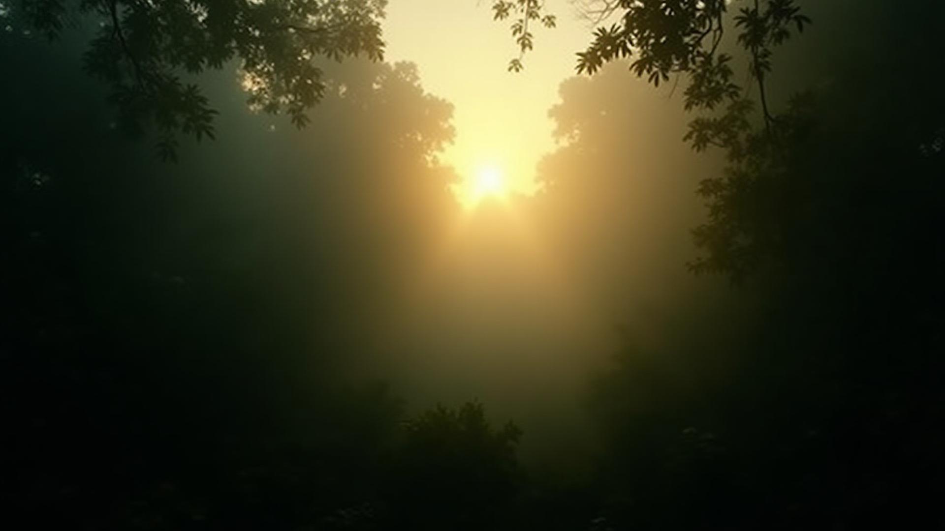 Lush, misty rainforest canopy at dawn representing pristine nature