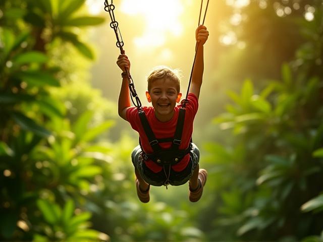 Children zip-lining through a tropical forest canopy