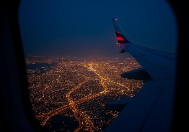 Modern airplane window view over a lit city skyline at dusk